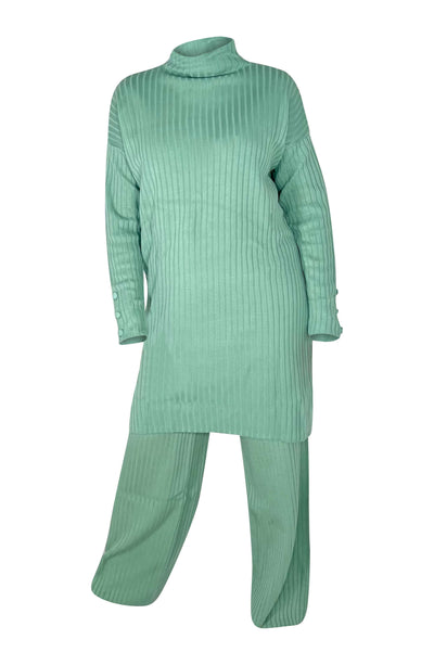 knit two piece 2 piece set sweater dark sea green sage ivory long modest winter front